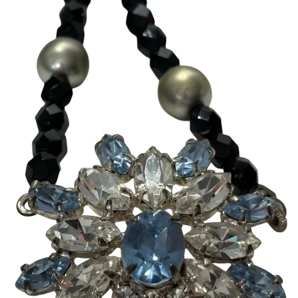 VTG Necklace Blue Black Clear Glass Faceted Bead‎ Pendant Prong Set Silver Tone
